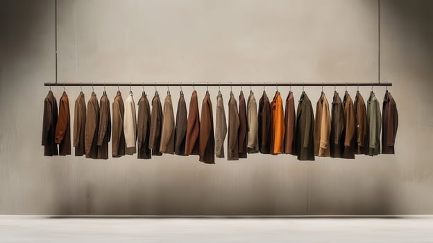 Stylish Autumn Winter Jackets Collection on Hanging Rack Brown Tones Fashion Apparel photo
