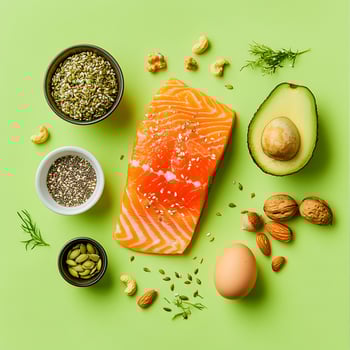 Salmon, almonds, eggs, nuts and other ingredients on a green background photo