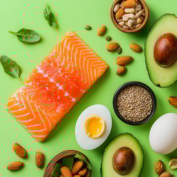 Salmon, eggs, almonds, nuts and avocado on green background photo