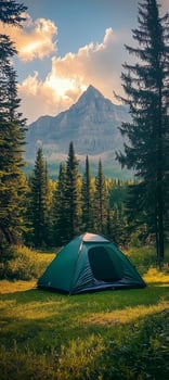 green tent surrounded by pine trees photo