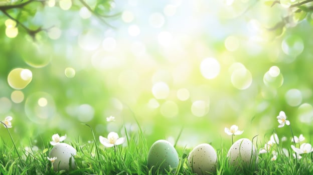 Colorful easter eggs nestled in lush green grass on a bright spring morning photo