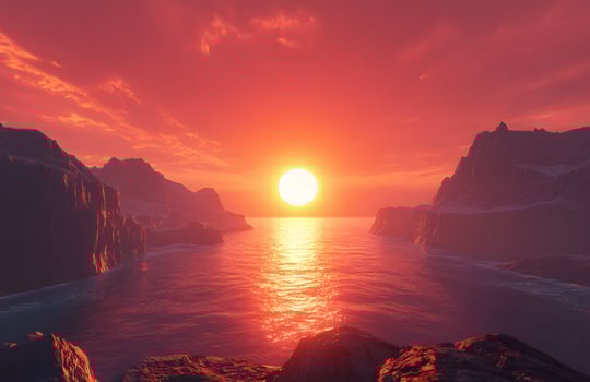 Dramatic Red Sunset Over Rocky Coastal Landscape photo