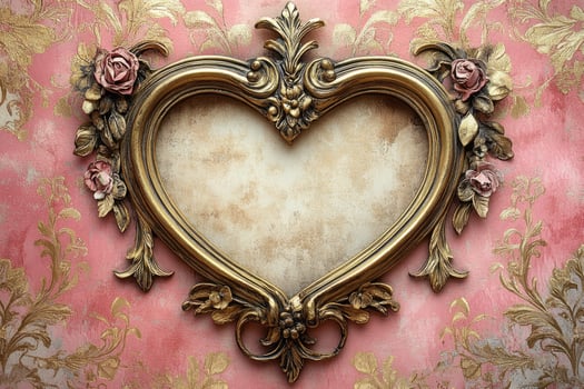 Golden heart shaped frame hanging on pink floral wallpaper photo
