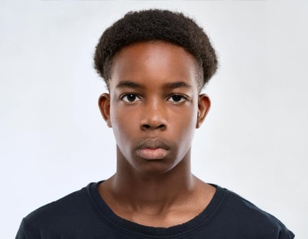 Close Up Portrait of African Teenager with Shaved Head and Expression on White Background photo