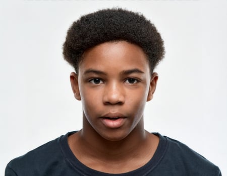 Studio Portrait of African Teenager with Defined Curls and Expression on White Background photo