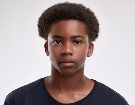 Close Up Portrait of African Teenager with Buzz Cut and Expression on White Background photo