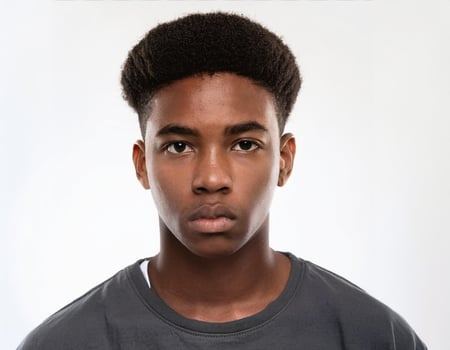 Close Up Portrait of African Teenager with Defined Shaved Curls on White Background photo