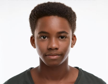 Close Up Portrait of African Teenager with Short, Defined Curls on White Background photo