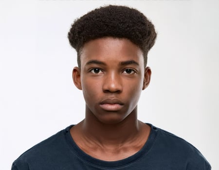 Portrait of African Teenager with Soft, Tousled Hairstyle on White Background photo