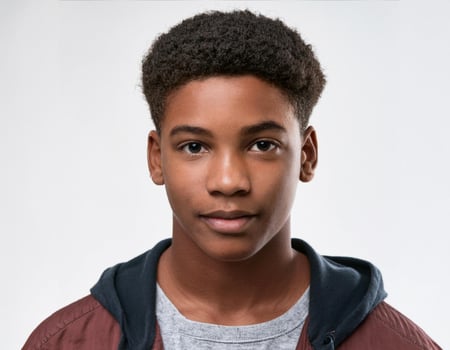 Close Up Portrait of African Teenager with Smooth Curly Hair on White Background photo