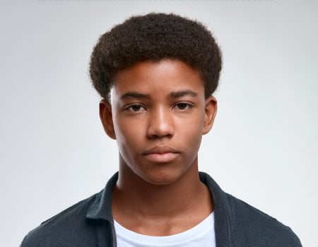 Portrait of African Teenager with Defined Short Braided Curls on White Background photo