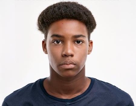 Portrait of African Teenager with Defined Curly Side Swept Hair on White Background photo