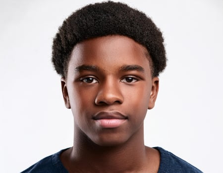 Portrait of African Teenager with Defined Defined Soft Curly Bob on White Background photo