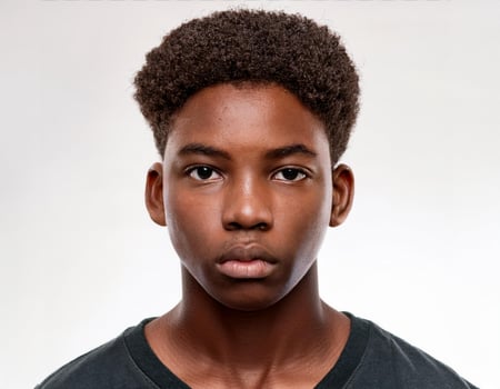 Close Up Portrait of African Teenager with Defined Defined High Top Curly Hair on White Background photo