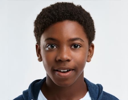 Portrait of African Teenager with Defined Defined Curly Top and Expression on White Background photo