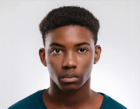 Close Up Portrait of African Teenager with Defined Defined High Curly Hairstyle on White Background photo