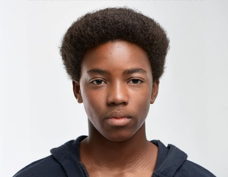 Close Up Portrait of African Teenager with Defined Defined Soft Curls on White Background photo