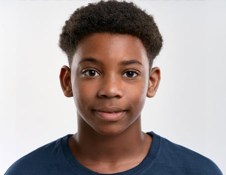 Close Up Portrait of African Teenager with Defined Defined Curly Medium Length Hair on White Background photo