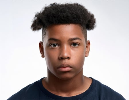 Portrait of African Teenager with Defined Defined Medium Curly Texture on White Background photo
