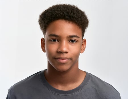 Portrait of African Teenager with Defined Defined Defined Short Natural Curls with Expression on White Background photo
