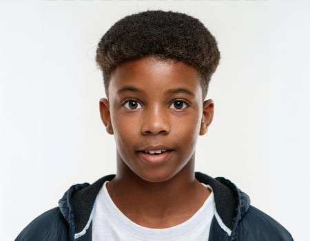 Studio Portrait of African Teenager with Defined Defined Defined Defined Short Curly Braids on White Background photo