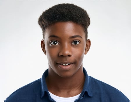 Close Up Portrait of African Teenager with Defined Defined Defined Defined Curly Side Parted Curls on White Background photo