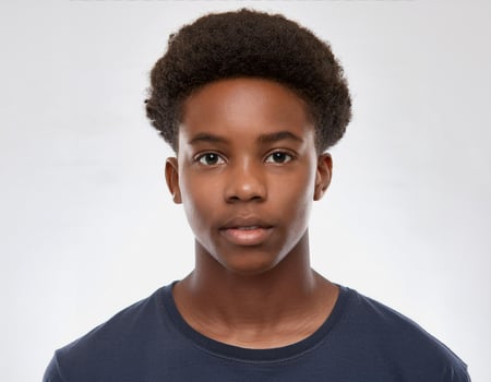 Portrait of African Teenager with Defined Defined Defined Defined Natural Curls and Expression on White Background photo