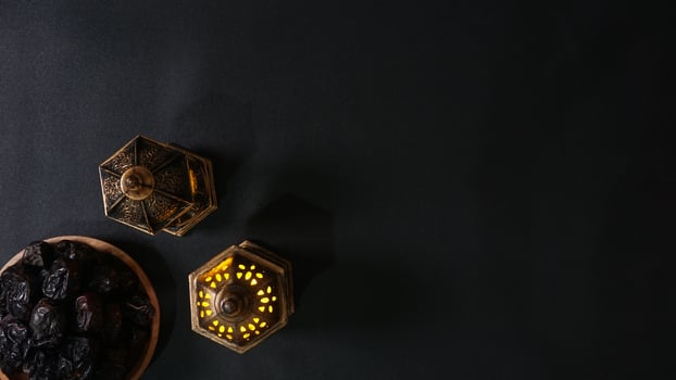 Top View of Islamic Vintage Lanterns and Dates Fruit or Kurma on A Plate photo