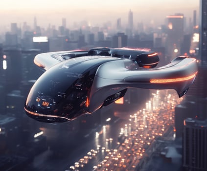 Futuristic flying vehicle hovering above a bustling city at dusk with traffic below photo