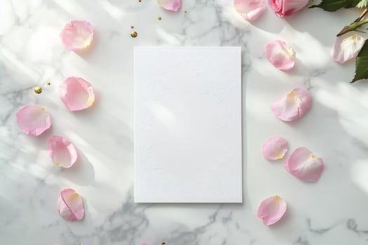 A flat lay of an embossed bridal shower invitation mockup with intricate floral border designs, surrounded by pink rose petals, golden accents, and soft natural lighting on a marble surface photo