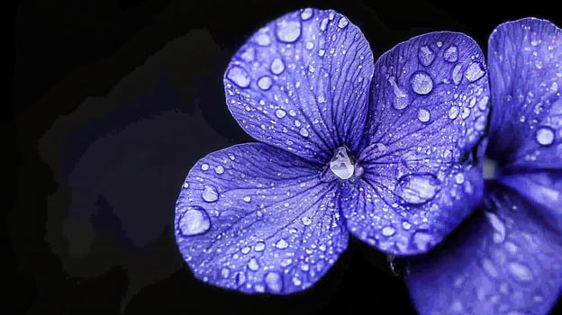 Close up of Dew Covered Purple Hydrangea Petals Floral Macro Photography photo
