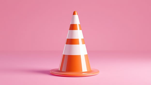 A vibrant orange traffic cone with white stripes on a pink background. photo