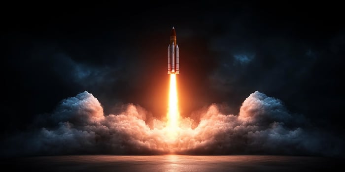 A powerful rocket launching into the sky, showcasing bright flames and smoke. photo