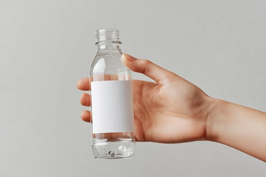 A clean mockup of a transparent plastic bottle with a blank white label held by a hand against a neutral gray background photo