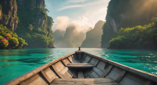 Serene boat ride through crystal clear waters surrounded by lush greenery and rocky cliffs on a tranquil island adventure. photo