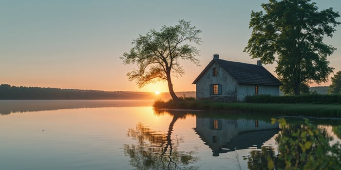 Tranquil sunset reflection by a lakeside cottage and tree. photo