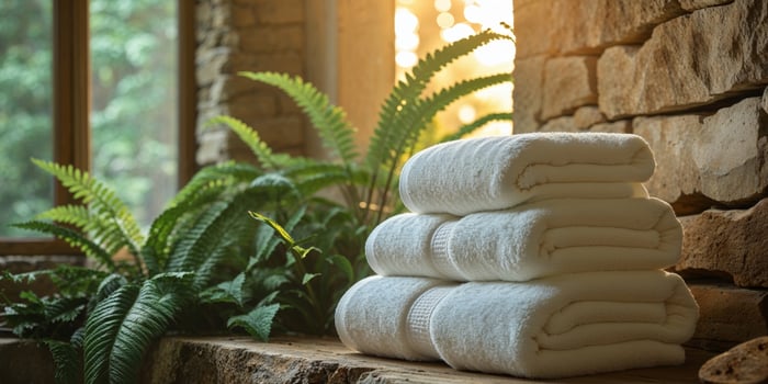 Cozy home interior scene featuring neatly stacked towels with warm sunlight and greenery creating an inviting atmosphere photo
