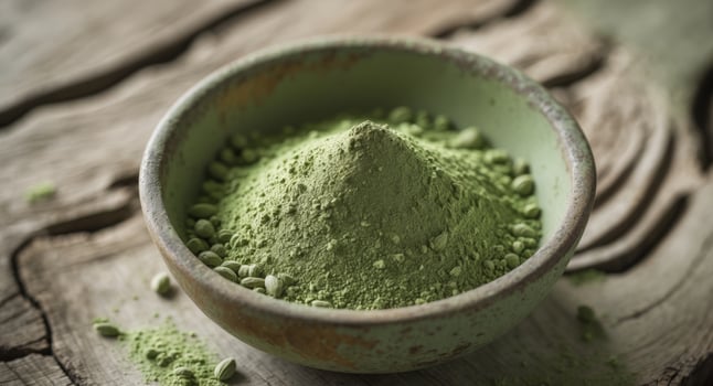 Fine Green Herbal Powder Displayed in a Rustic Bowl on a Wooden Surface photo