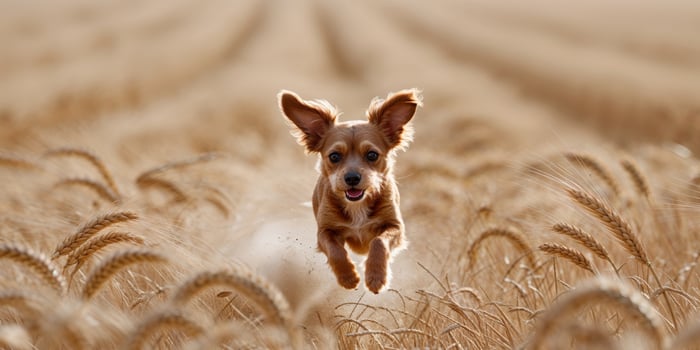A small brown dog is running freely in a field of gold photo