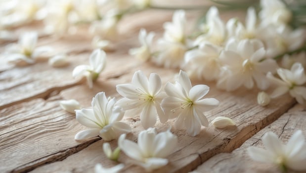 A bunch of white flowers on a wooden surface photo