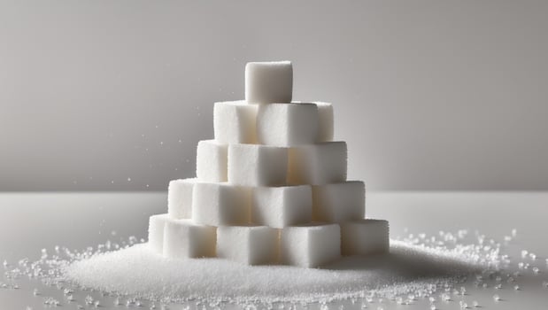 White sugar cubes stacked with granulated sugar spilling around photo