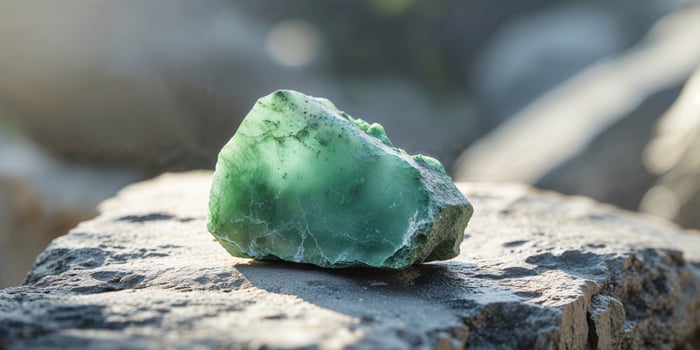 Freshly Mined Raw Jade Stone with Rough Edges on Rocky Surface in Natural Light. photo