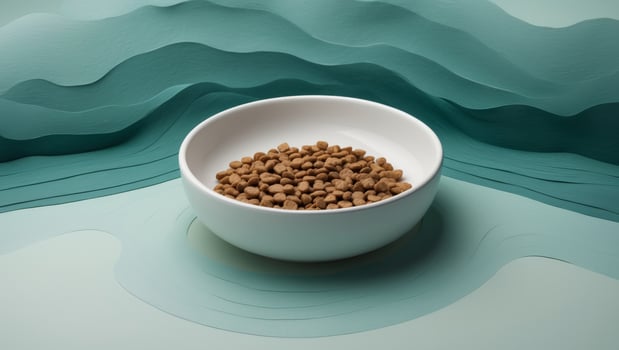Dog Food in Bowl on Teal Wavy Background - Pet Food Product Shot photo
