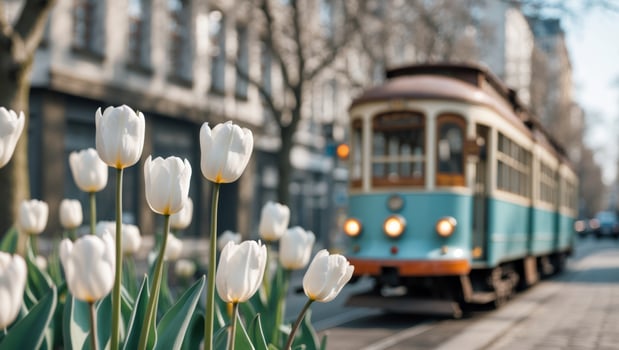 A white tulip bush in front of a tram on a city street. photo