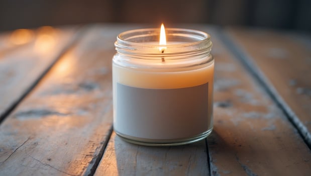 Illuminated Jar Candle with Blank Label on Wooden Table. photo