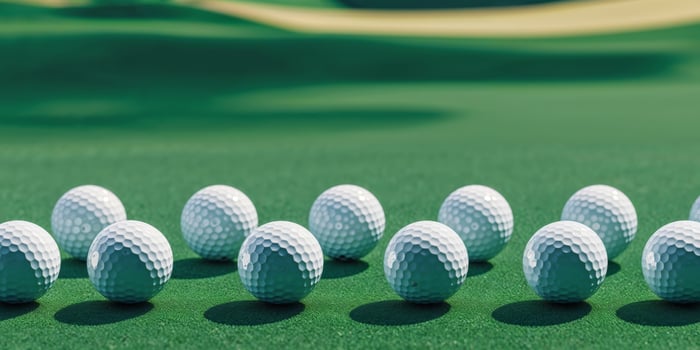 Neatly Arranged Set of Golf Balls Lined Up on a Lush Green Course photo