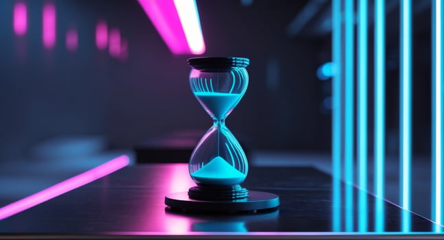 Elegant hourglass sits in a modern setting with vibrant neon lighting at night. photo
