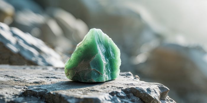 Freshly Mined Raw Jade Stone with Rough Edges on Rocky Surface in Natural Light photo