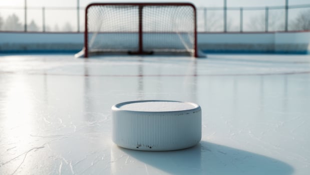 A Blank Hockey Puck in the Foreground with an Ice Rink and Hockey Net in the Background Behind. photo