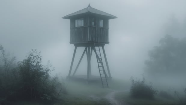 Foggy Landscape with Wooden Observation Tower photo
